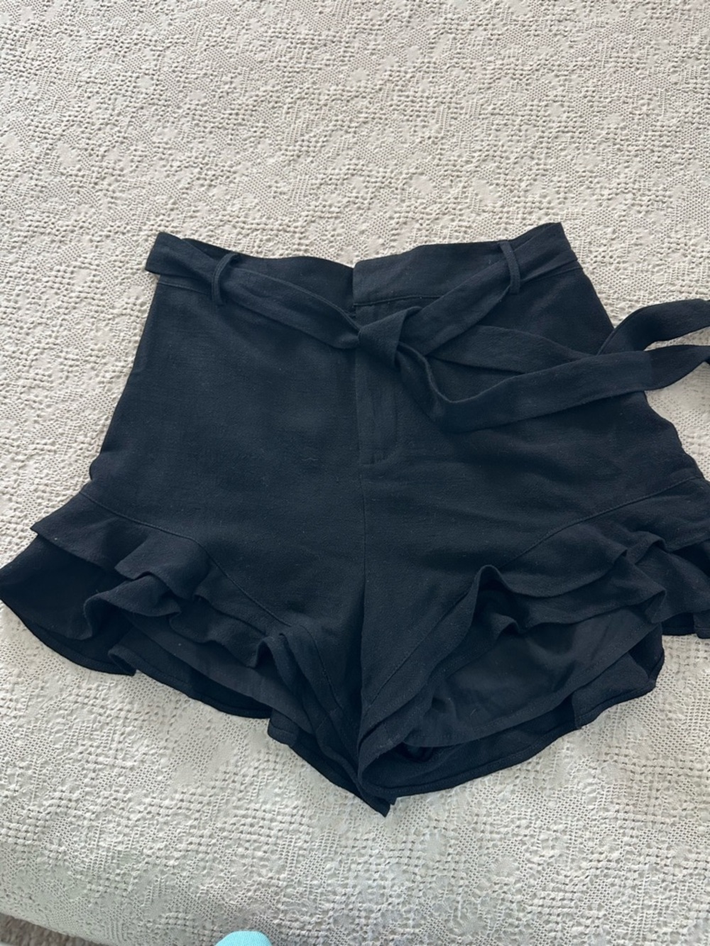 vestique Black High-Waist Ruffle Tie-Waist Shorts